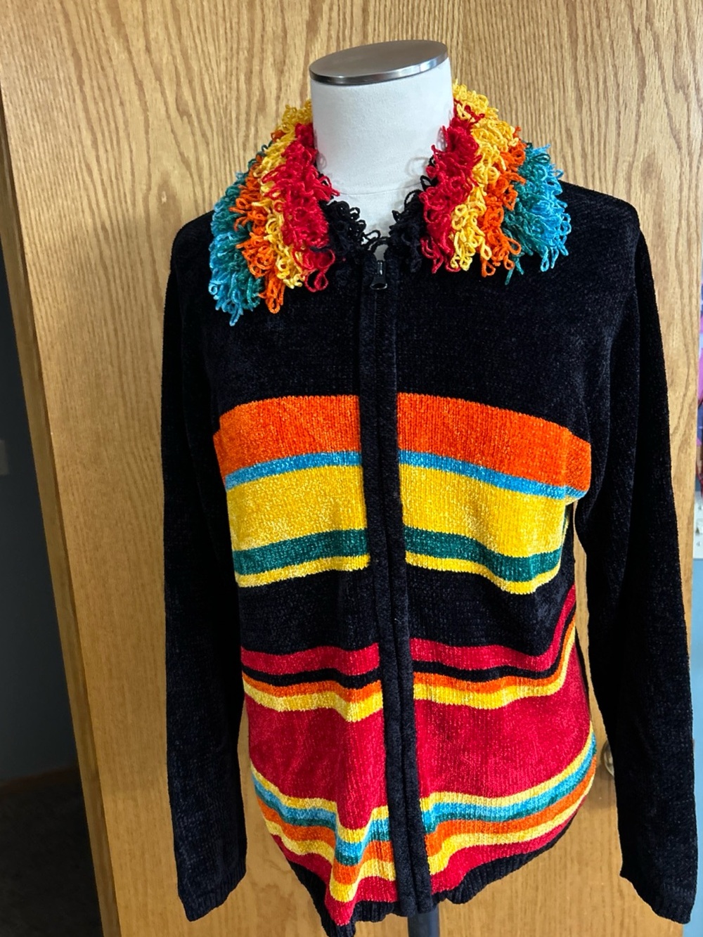 90s Y2K Lisa International Boho Hippie Rainbow Fringe Chenille Black Zip Up Sz M